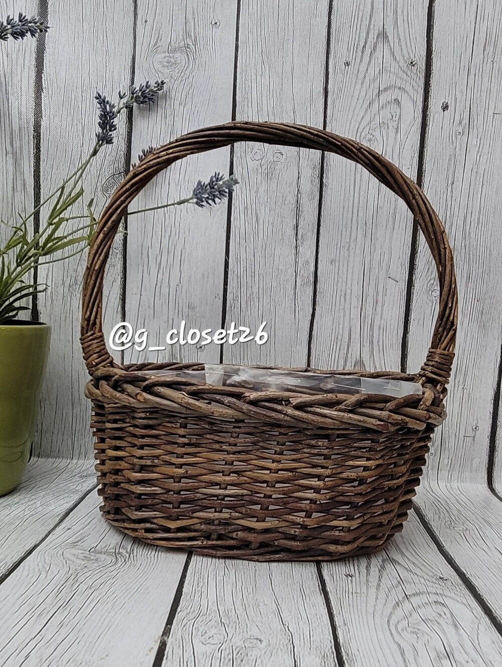 Woven Brown Willow Planter Basket with Handle - Picture 2 of 10